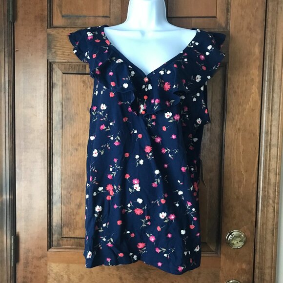 NWT St. John's Bay Navy Blue w/Pink & Ivory Flowers Sleeveless Top X-Large - Picture 1 of 11